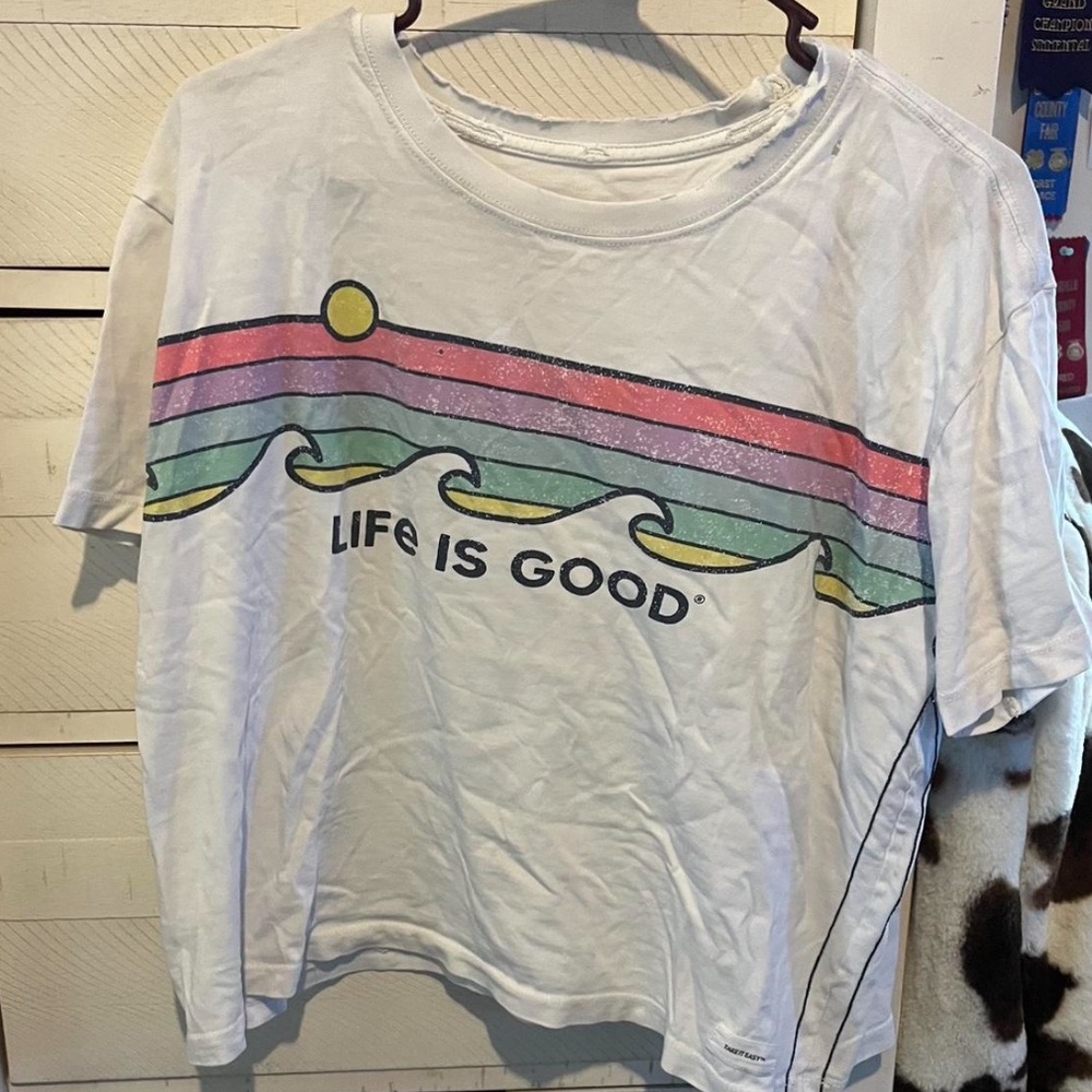 Life Is Good Kids' White Tee with Colorful Wave Design